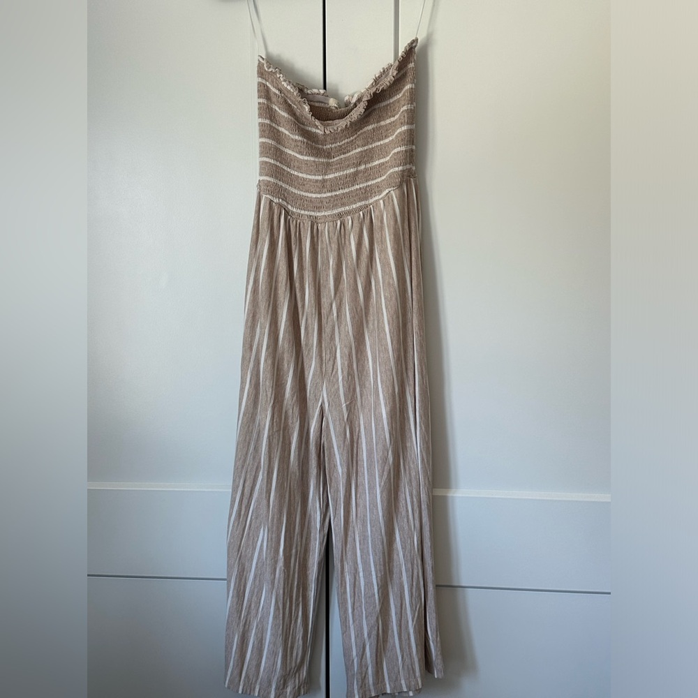 P.O.V Strapless Wide Leg White & Beige/Tan colored Jumpsuit Size Large